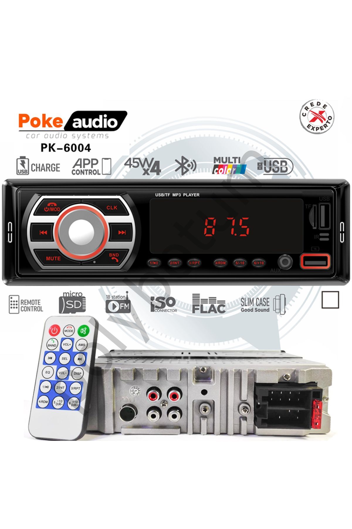 Oto Teyp 4x45 Watt Bluetooth 2xUSB Şarjlı Fm APP Poke PK-6004  Tek Ebat