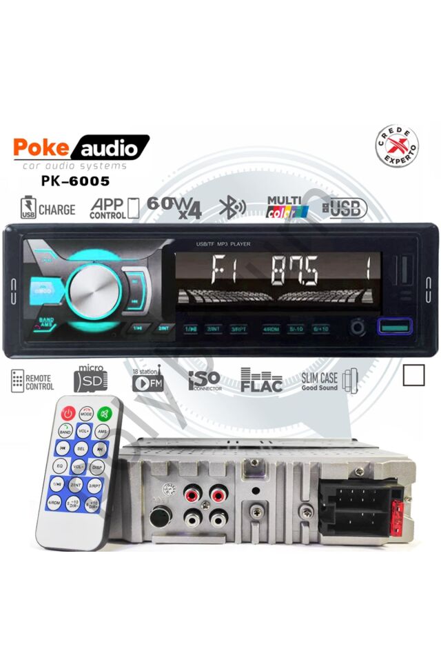 Oto Teyp 4x60 Watt BT 2xUSB Fm Şarjlı APP 7388 Entegre Poke PK-6005  Tek Ebat