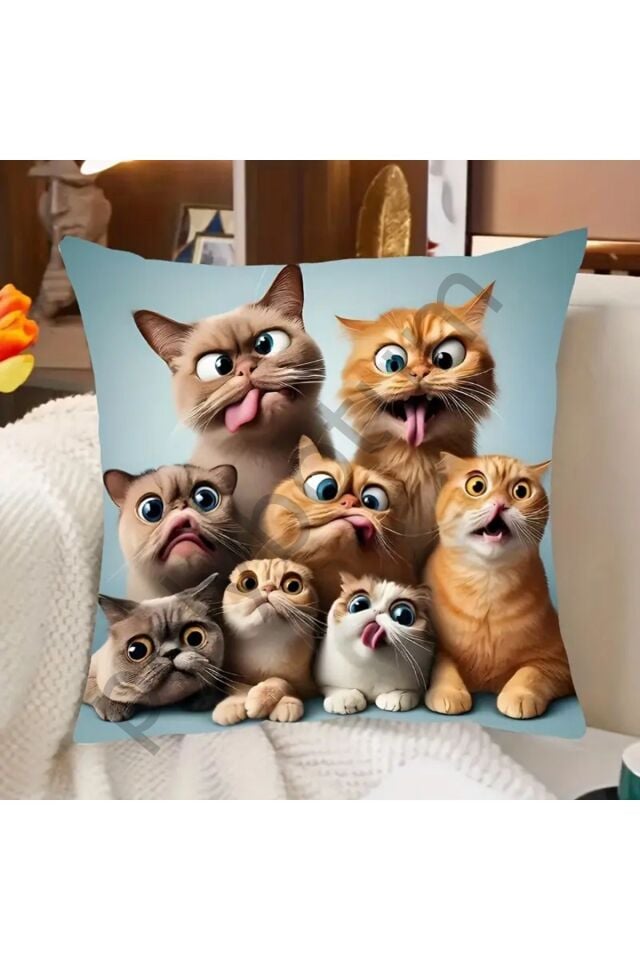 Funny Expression Cats Yastık Kılıfı - 44,96 cm x 44,96 cm - Temalı Ev Dekoru - Fransız Stili renkli  44 x 44