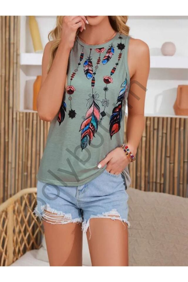 Tüy Baskılı Crew Neck Tank Top, Yaz Için Rahat Kolsuz Tank Top, Kadın Giyim yeşil M