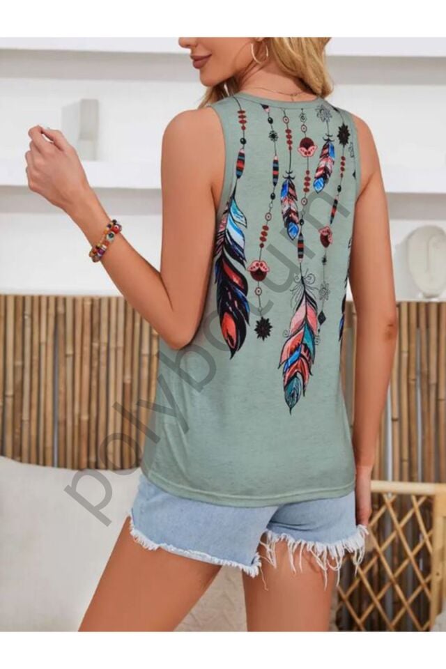 Tüy Baskılı Crew Neck Tank Top, Yaz Için Rahat Kolsuz Tank Top, Kadın Giyim yeşil M